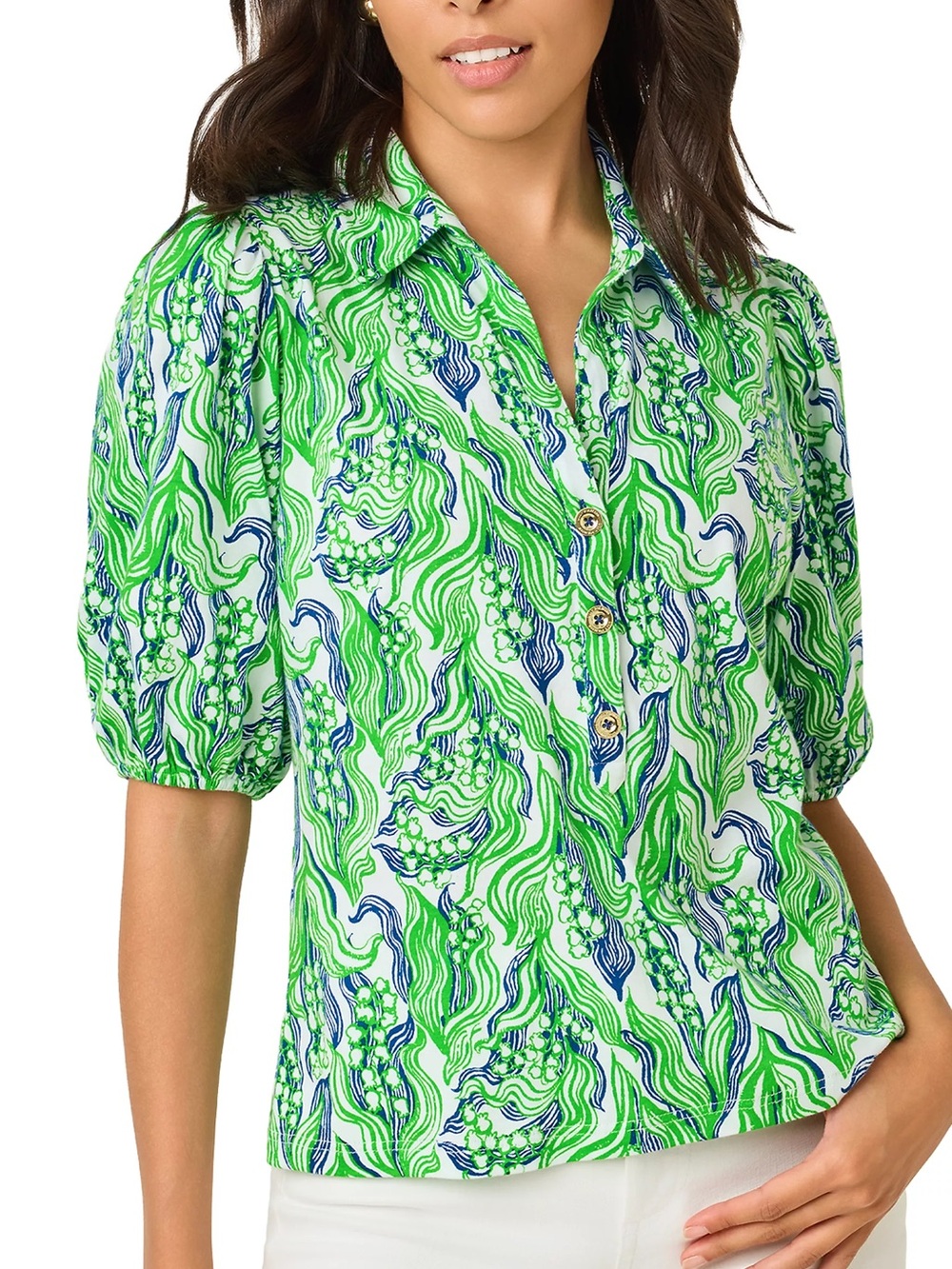 Lilly Pulitzer Green, Lily Of The Valley Green  Blue Abstract Button-Front Shirt
